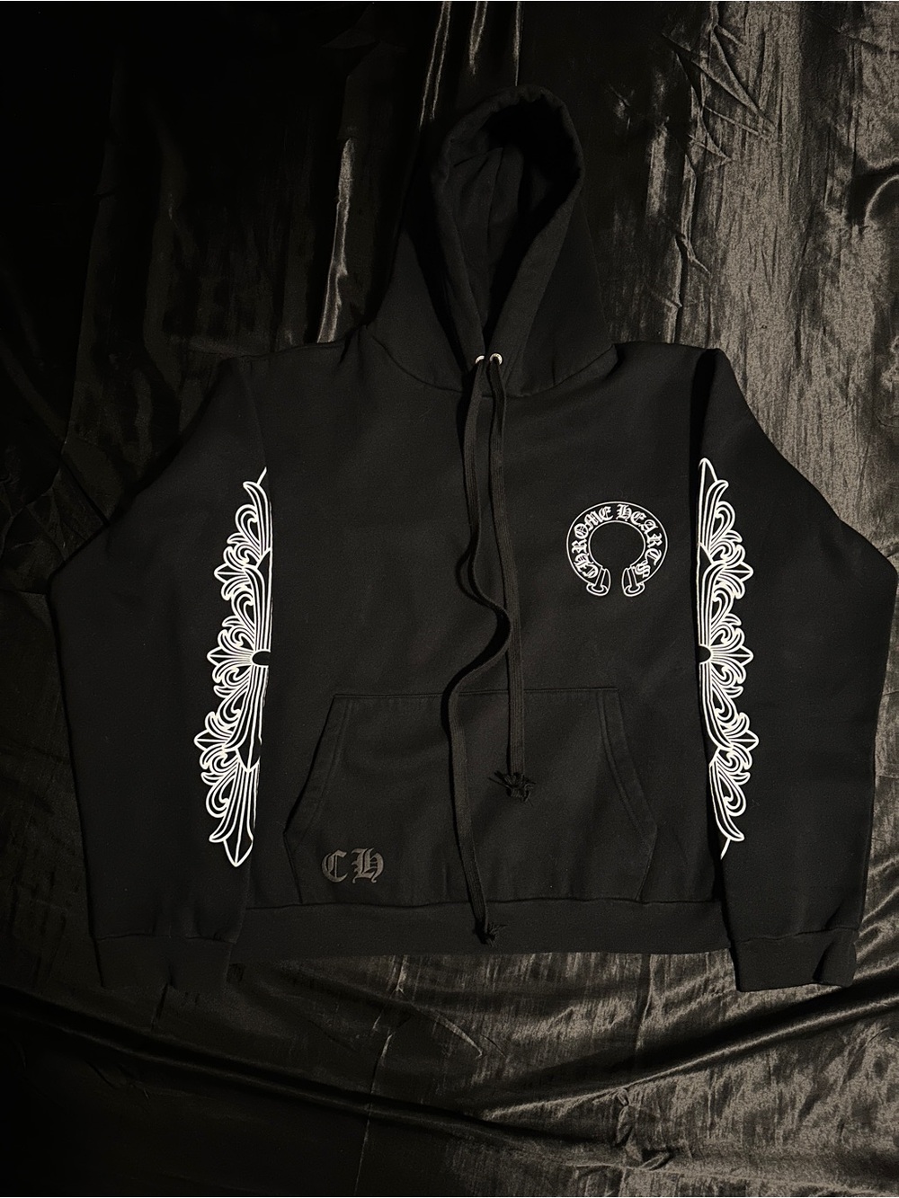 Imitation Chrome Hearts Black Hoodie with White Sleeve Graphics